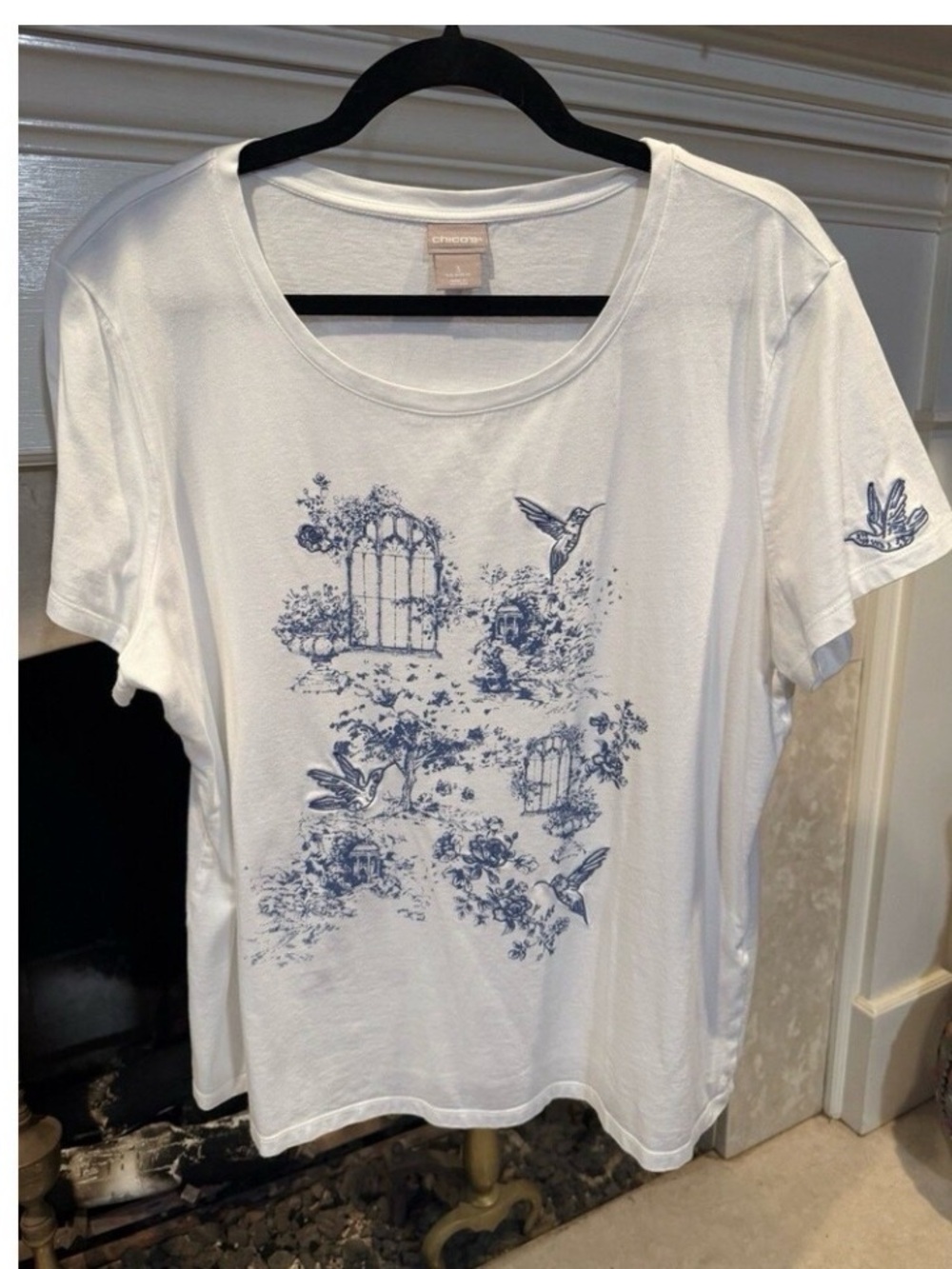 Chico's White Tee with Vibrant Blue Floral & Hummingbird Print XL